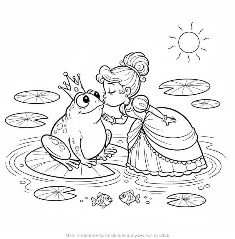 Froschkönig Ausmalbild: Prinzessin küsst Frosch auf Seerosenblatt