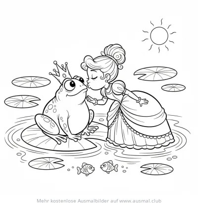 Froschkönig Ausmalbild: Prinzessin küsst Frosch auf Seerosenblatt