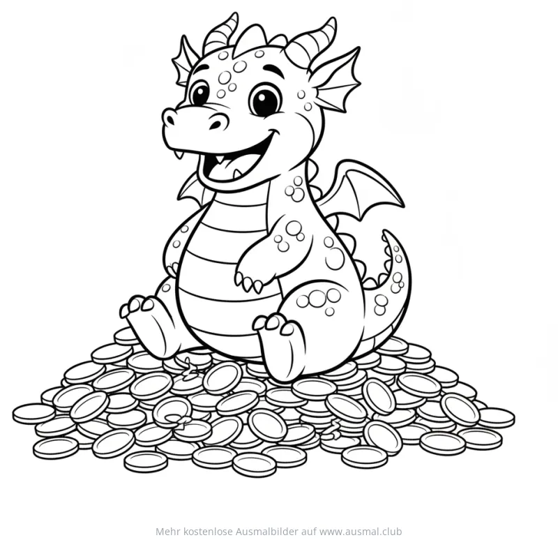 Drache sitzt auf Goldmünzen Ausmalbild