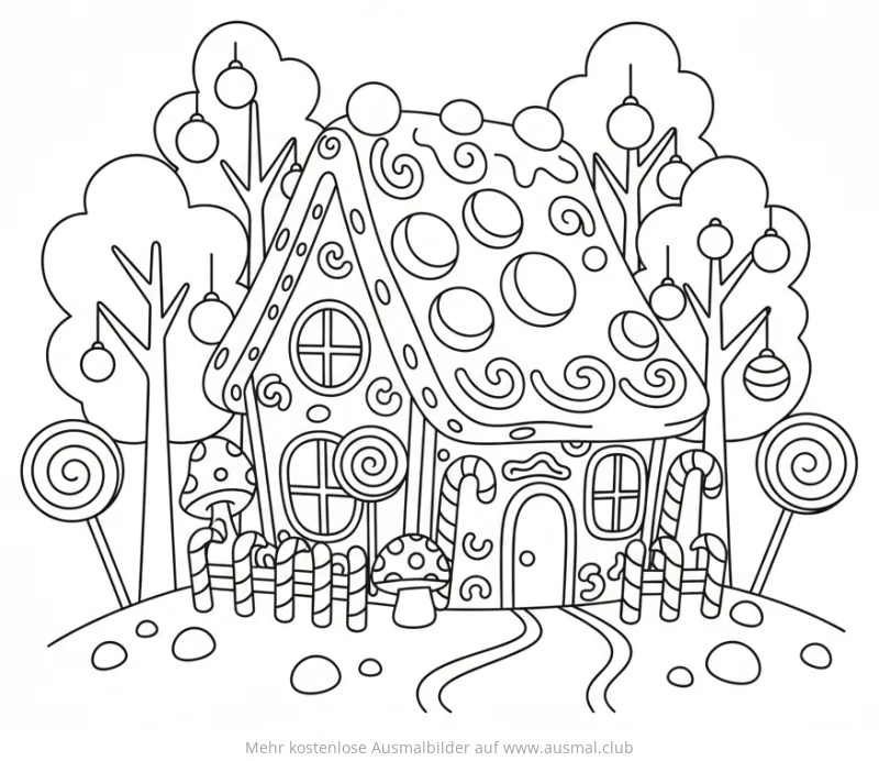 Hexenhaus Ausmalbild mit Zuckerstangen und Lollis