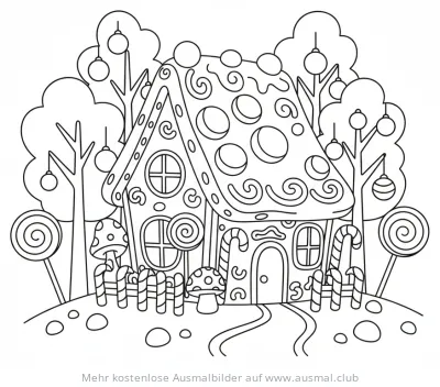 Hexenhaus Ausmalbild mit Zuckerstangen und Lollis