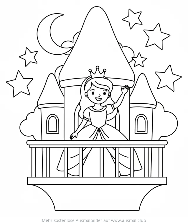 Prinzessin winkt vom Balkon ihres Schlossturms Ausmalbild