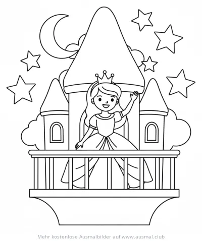 Prinzessin winkt vom Balkon ihres Schlossturms Ausmalbild
