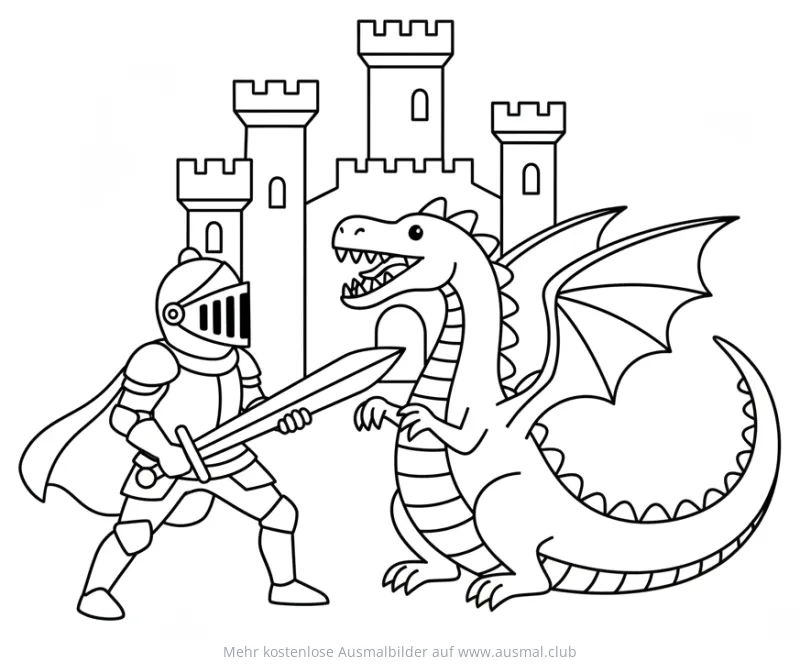 Ritter mit Schwert kämpft gegen Drachen vor Burg Ausmalbild