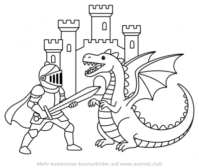 Ritter mit Schwert kämpft gegen Drachen vor Burg Ausmalbild