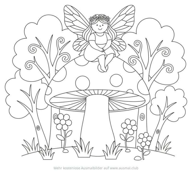Fee mit Flügeln sitzt auf einem Pilz, umgeben von Blumen und Bäumen, Ausmalbild