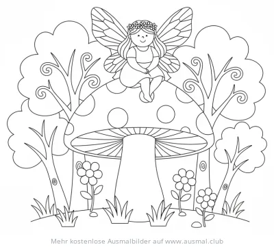 Fee mit Flügeln sitzt auf einem Pilz, umgeben von Blumen und Bäumen, Ausmalbild