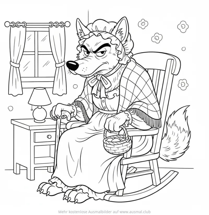 Wolf im Oma-Kostüm sitzt im Schaukelstuhl Ausmalbild