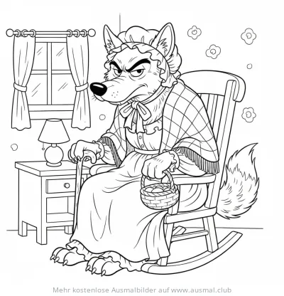 Wolf im Oma-Kostüm sitzt im Schaukelstuhl Ausmalbild
