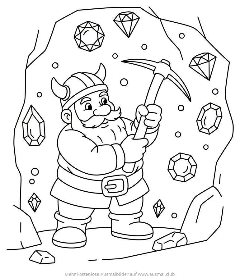 Zwerg mit Spitzhacke in Edelsteinmine Ausmalbild