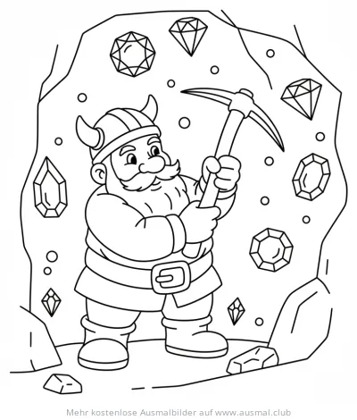 Zwerg mit Spitzhacke in Edelsteinmine Ausmalbild