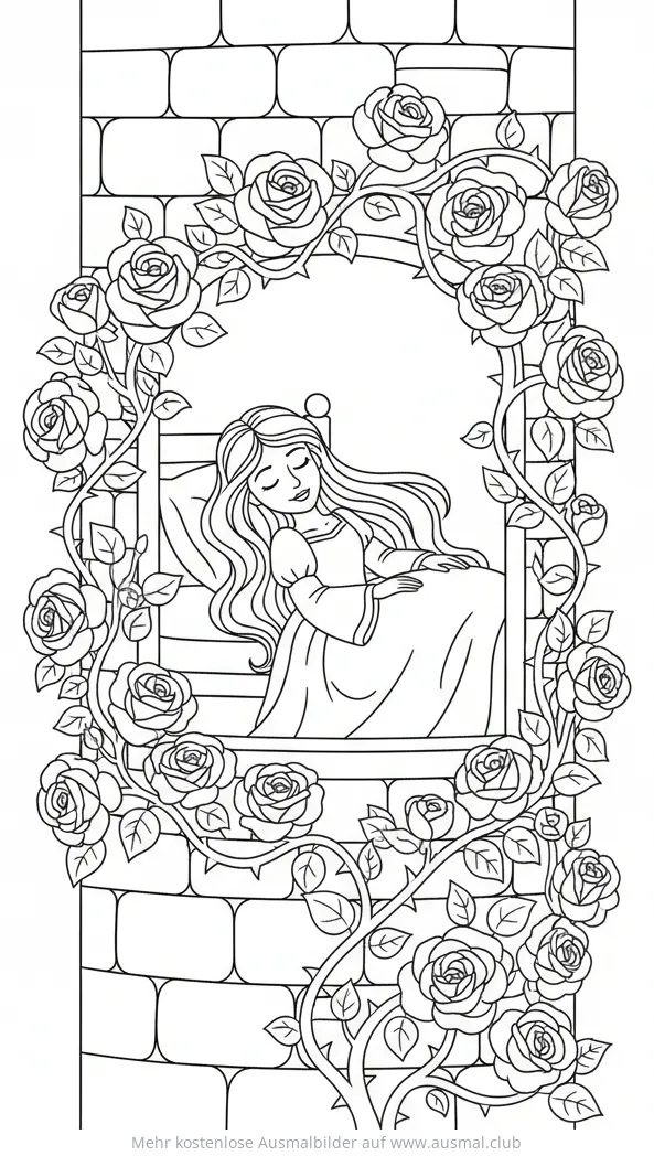 Dornröschen schlafend im Rosen-bewachsenen Schloss Ausmalbild