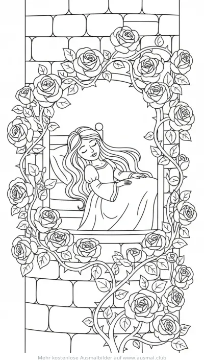 Dornröschen schlafend im Rosen-bewachsenen Schloss Ausmalbild