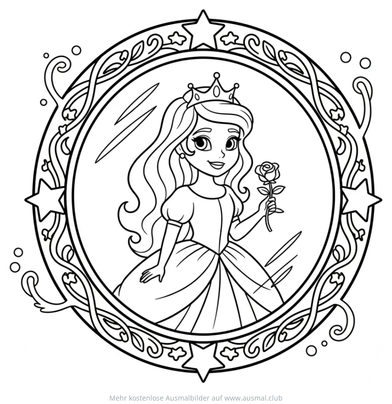 Prinzessin mit Rose im Zauberspiegel Ausmalbild