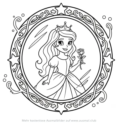 Prinzessin mit Rose im Zauberspiegel Ausmalbild