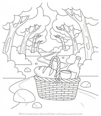 Picknickkorb mit Brot und Getränken Ausmalbild im Wald