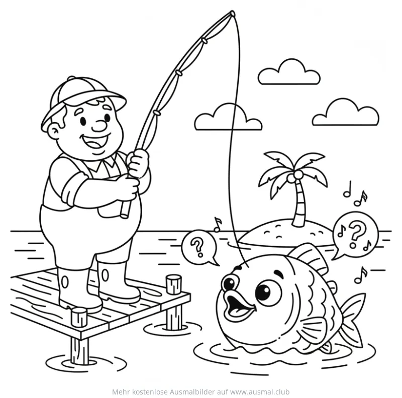 Fischer mit Angel und Fisch Ausmalbild