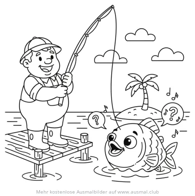 Fischer mit Angel und Fisch Ausmalbild