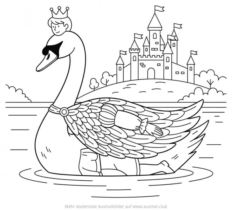 Schwan mit Prinz und Schloss Ausmalbild