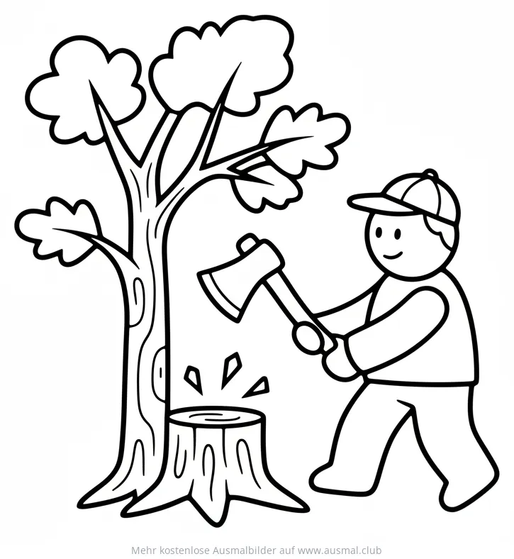 Holzfäller mit Axt beim Baumfällen Ausmalbild