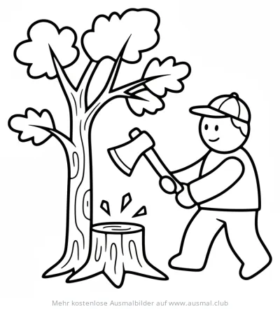 Holzfäller mit Axt beim Baumfällen Ausmalbild