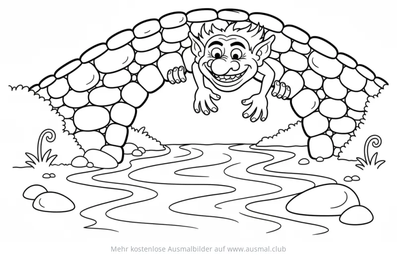 Freundlicher Troll unter Steinbrücke über Fluss Ausmalbild