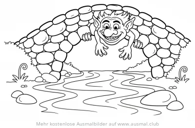Freundlicher Troll unter Steinbrücke über Fluss Ausmalbild