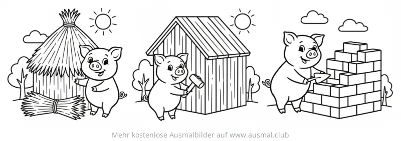 Drei Schweinchen bauen Häuser Ausmalbild