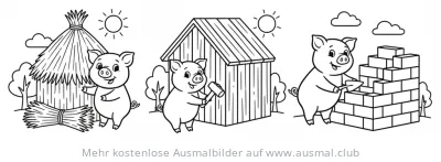Drei Schweinchen bauen Häuser Ausmalbild