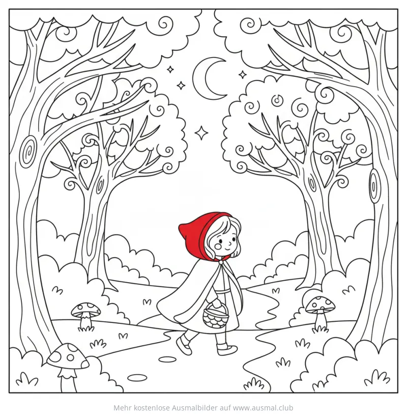 Rotkäppchen mit Korb im Wald Ausmalbild