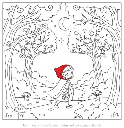 Rotkäppchen mit Korb im Wald Ausmalbild