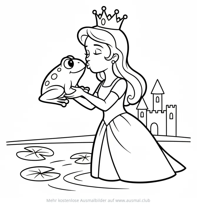 Prinzessin küsst Frosch Ausmalbild vor Schlosskulisse
