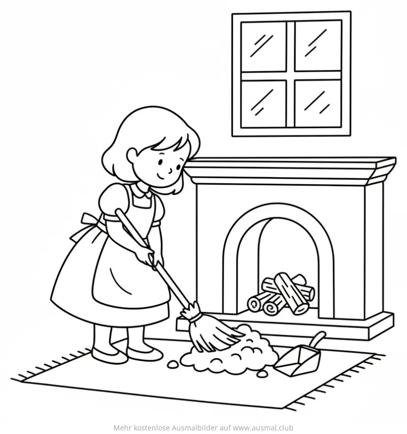 Aschenputtel putzt mit Besen vor Kamin Ausmalbild