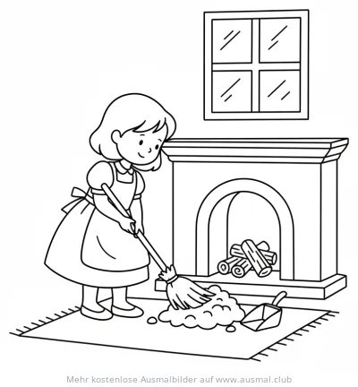 Aschenputtel putzt mit Besen vor Kamin Ausmalbild