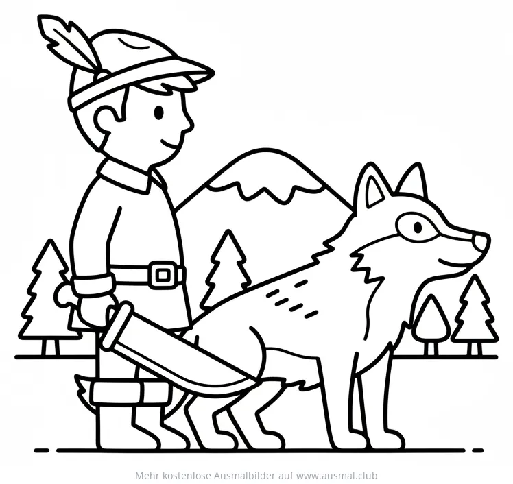 Jäger mit Wolf im Wald Ausmalbild