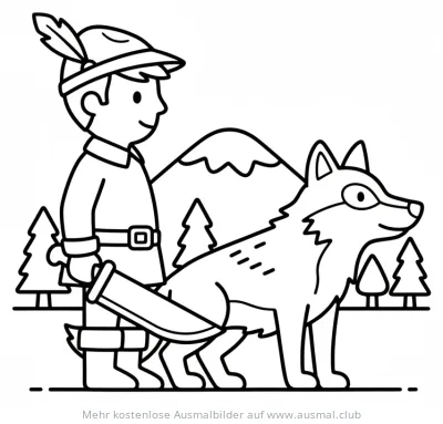 Jäger mit Wolf im Wald Ausmalbild