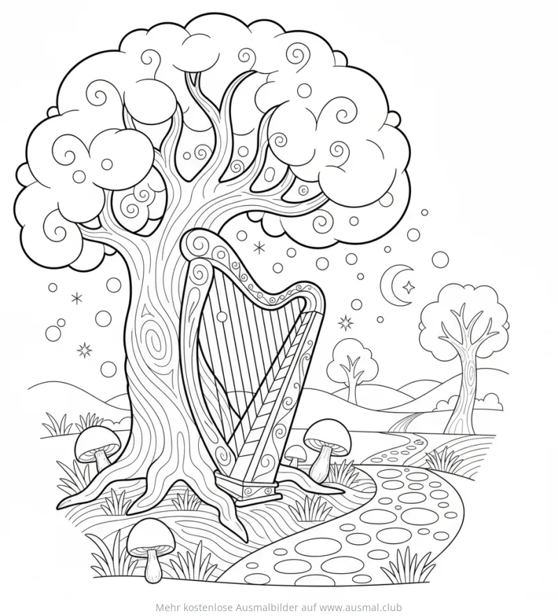 Harfe am Baum Ausmalbild in Märchenlandschaft