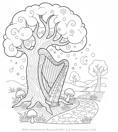 Harfe am Baum Ausmalbild in Märchenlandschaft