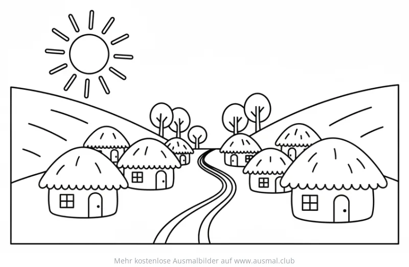 Dorf mit Strohdachhäusern Ausmalbild