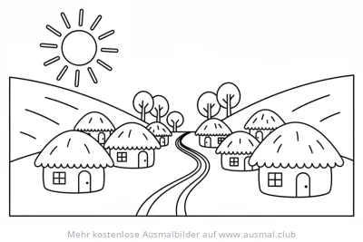 Dorf mit Strohdachhäusern Ausmalbild