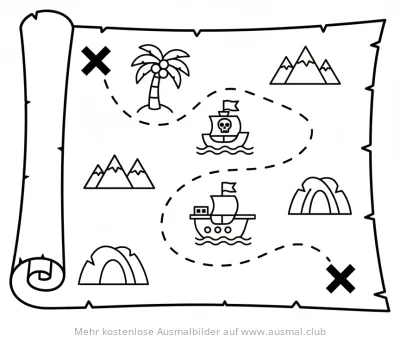 Schatzkarte Ausmalbild mit Piratenschiffen, Insel und Bergen