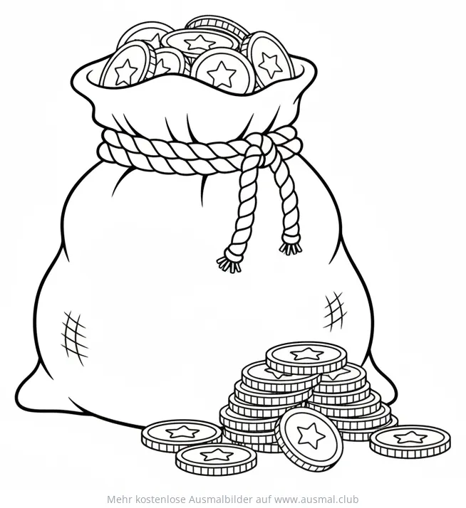 Geldsack und Goldmünzen Ausmalbild
