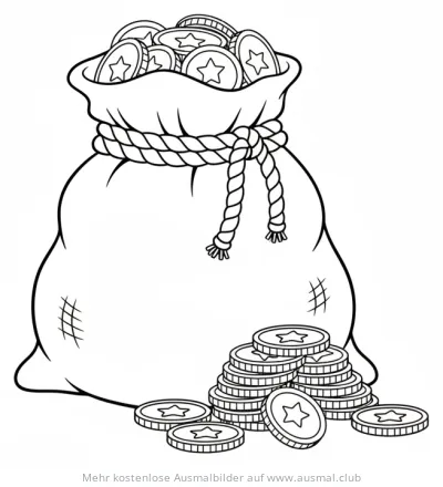 Geldsack und Goldmünzen Ausmalbild