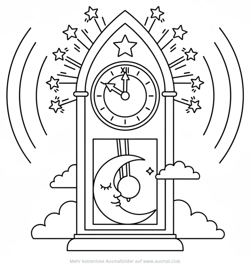 Standuhr mit Mond und Sternen Ausmalbild