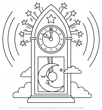Standuhr mit Mond und Sternen Ausmalbild