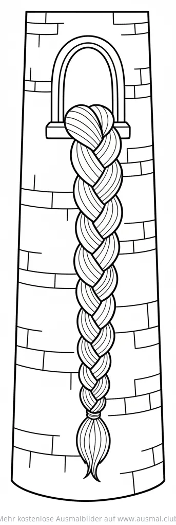 Rapunzel Zopf hängt aus Turmfenster Ausmalbild