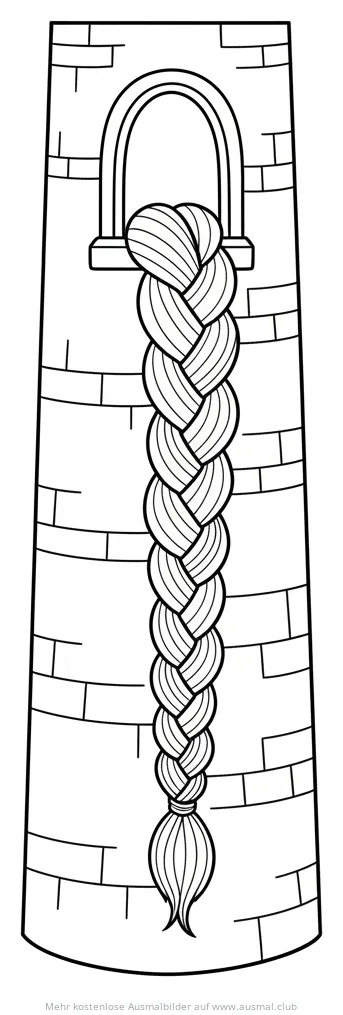 Rapunzel Zopf hängt aus Turmfenster Ausmalbild