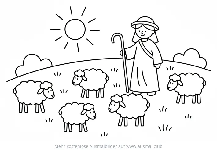 Hirte mit Schafen Ausmalbild