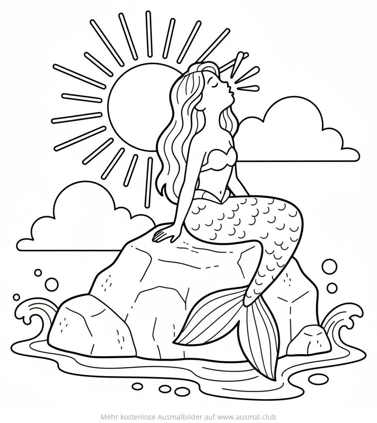 Meerjungfrau sitzt auf Felsen im Meer vor Sonne Ausmalbild