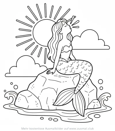 Meerjungfrau sitzt auf Felsen im Meer vor Sonne Ausmalbild